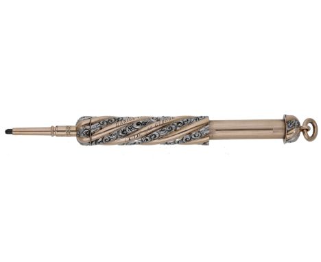 A propelling pencil, the outer sleeve with bicoloured wrythen decoration, inner shaft stamped ‘14k’, with ring suspension loo