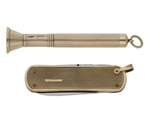 A 9ct gold cigar piercer, engine-turned decorated, with outer sleeve and ring suspension loop,  by W. M. Ltd., Birmingham 196