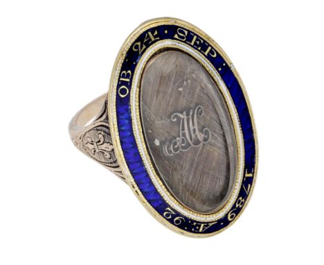 A late 18th century memorial ring, the oval glazed panel revealing a hairwork panel with applied initials ‘AH’, with blue and