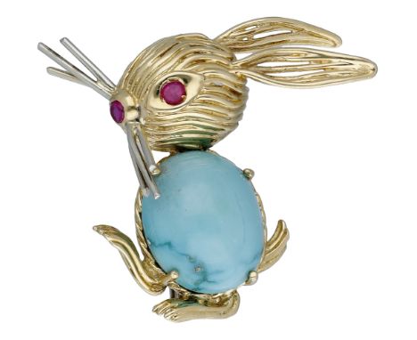 A gem-set novelty brooch, French,  in the form of a stylised bunny rabbit, with a turquoise cabochon stomach and circular-cut