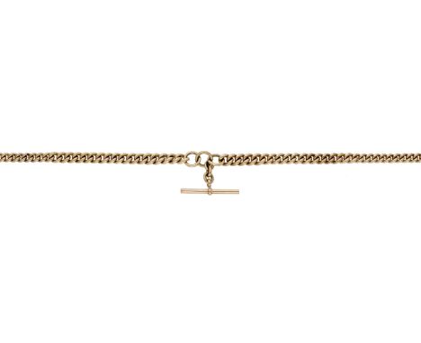 An Albert chain, the graduated curb-links with connecting jump rings, T-bar fitting and swivel clasp terminals, stamped ‘9K’ 