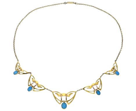 An Art Nouveau gold and turquoise necklace, circa 1900, the belcher-link chain leading to a frontispiece of graduated pierced