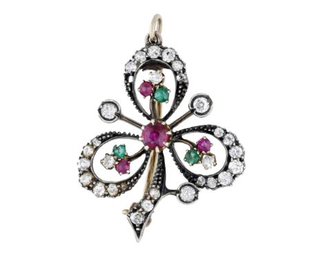A late 19th century gem-set brooch, designed as a three leaf clover and set throughout with circular-cut rubies, emeralds and