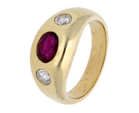 A synthetic ruby and diamond three stone ring, the tapered band inlaid with an oval-cut synthetic ruby with a brilliant-cut d