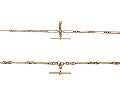 Two gold Albert chains, each fetter-link chain with T-bar fitting and swivel clasps, stamped ‘9.375’, one chain with Birmingh