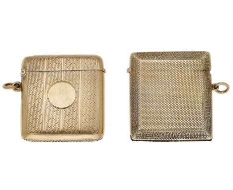 Two 9ct gold vesta cases, both engine-turned decorated, the first with circular vacant reserve, by Henry Matthews, Birmingham