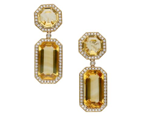 A pair of citrine and diamond ear pendants, each mixed-cut citrine and diamond cluster surmount suspending a similarly-set dr