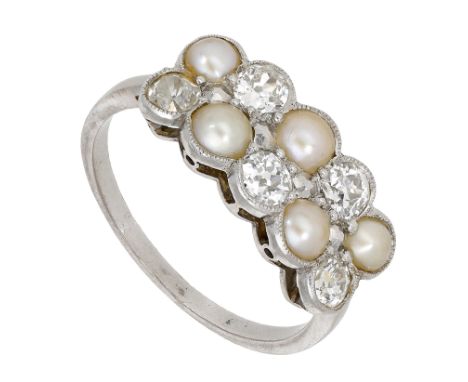 An early 20th century cultured pearl and diamond panel ring, millegrain set with an alternating double row of cultured half-p