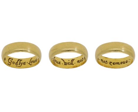 A gold posy ring, circa 1660-1680, the wide rectangular-shaped hoop inscribed to the interior in italics ‘Godlye .love .will 