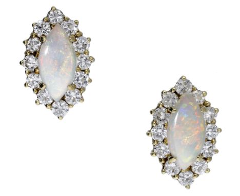 A pair of opal and diamond ear studs, each set with a marquise-shaped opal cabochon within a surround of brilliant-cut diamon