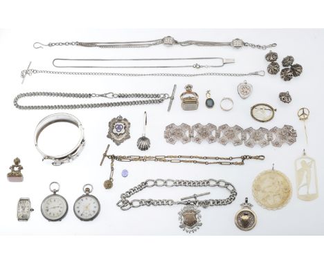 A collection of jewellery, to include six assorted silver Albert chains, a 19th century jet necklace, two hardstone inset fob