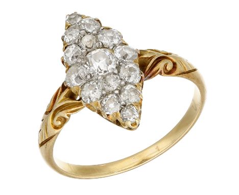 A late 19th century diamond ring, the lozenge-shaped cluster set throughout with old brilliant-cut diamonds, to scrollwork sh