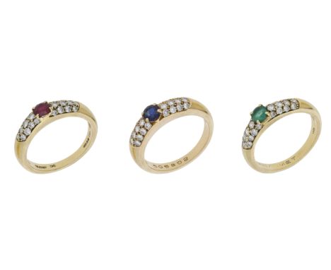 Three gem-set rings by Chaumet, each pavé-set to the front with brilliant-cut diamonds and set with a circular-cut ruby, emer