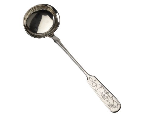 A Russian silver soup ladle, of fiddle pattern, the handle engraved with cursive initials (G S?) and a trailing flower with s