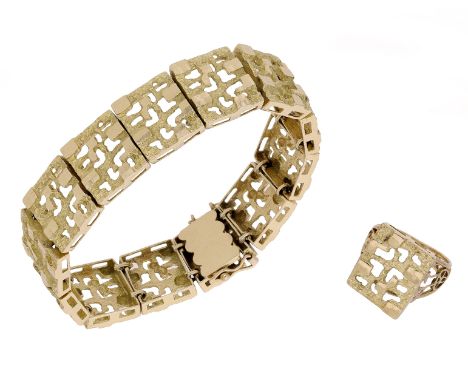 A gold bracelet and ring suite, circa 1970, the articulated bracelet composed of pierced abstract panels, the ring en suite, 