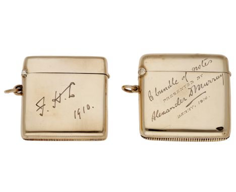 Two  9ct gold vesta cases, both plain, with  engraved presentation inscriptions, the first initialled and dated 1910, by make