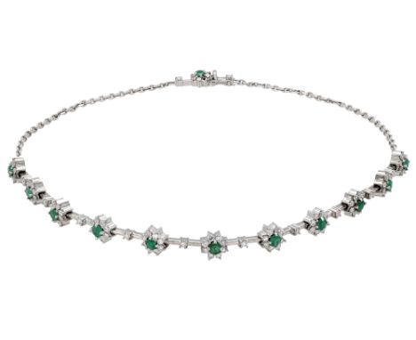 An emerald and diamond necklace and earrings by H. Stern, the necklace converted from a bracelet and set to the front with a 