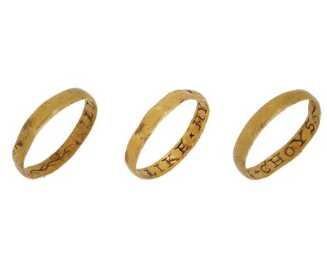 A gold posy ring, early 17th century, of rectangular cross-section and engraved to the inner band in Roman capitals ‘I LIKE +