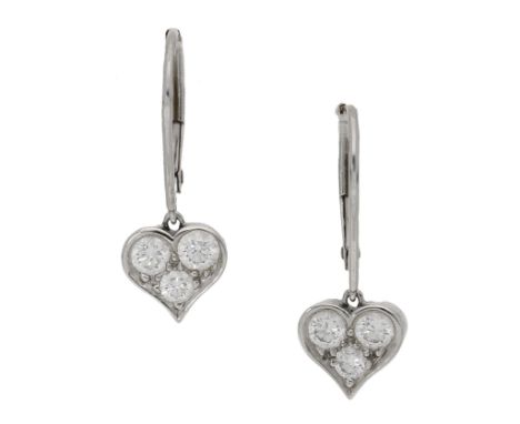 A pair of platinum and diamond ear pendants by Tiffany & Co., the heart-shaped drops set with brilliant-cut diamonds, stamped
