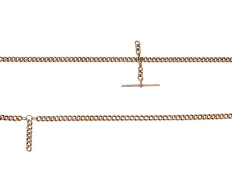 A pair of early 20th century 9ct gold Albert chains, each curb-link chain with swivel clasps, one with T-bar fitting, the lin
