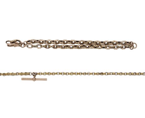 Two fancy-link 9ct gold chains, comprising an Albert chain with T-bar fitting and a double row bracelet chain, hollow links, 