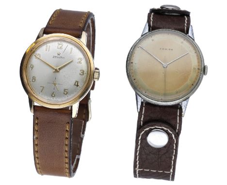 Zenith. Two wristwatches, circa 1940 & 1960. Movements: manual winding. Dials: silvered. Cases: 1st: gold plated; 2nd: steel.