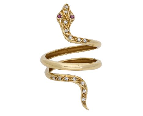 A gem-set dress ring, designed as a coiled serpent set with single-cut diamond highlights and with ruby gem-set eyes, Portugu