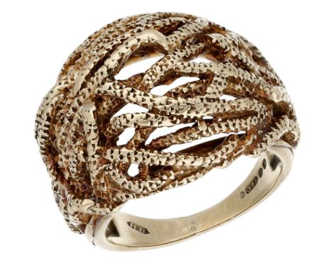 A 9ct gold ring, 1966, of bombé form and textured basket weave design, London hallmark, maker’s mark ‘H.B’, ring size N.  £18