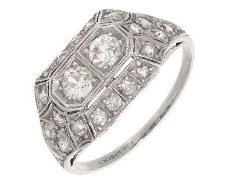 An Art Deco diamond ring, set with two old brilliant-cut diamonds in a faceted mount set throughout with old brilliant and si