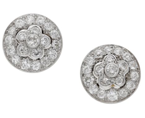 A pair of diamond cluster earrings, with a central flowerhead motif, set throughout with old and brilliant-cut diamonds, tota