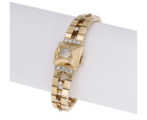 Ebel. A lady’s gold and diamond-set bracelet watch with concealed dial, circa 1955. Movement: cal. 50, manual winding. Dial: 