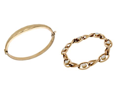 A 9ct gold bangle by Smith & Pepper and an early 20th century gem-set bracelet, the hinged bangle with faceted decoration mak
