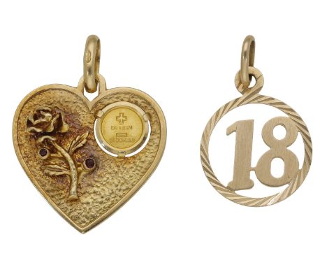 Two pendants, the first heart-shaped pendant with textured ground and applied gem-set rose motif, inset with a circular panel