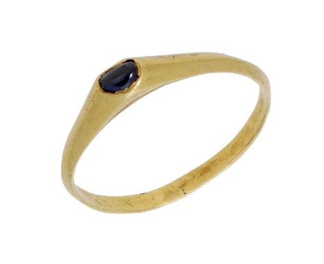 A Medieval gold sapphire stirrup ring, late 13th/early 14th century, the hoop of D-shaped cross-section, with raised bezel in