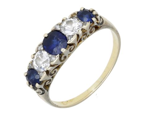 A late 19th century sapphire and diamond five stone ring, alternately set with circular-cut sapphires and old brilliant-cut d