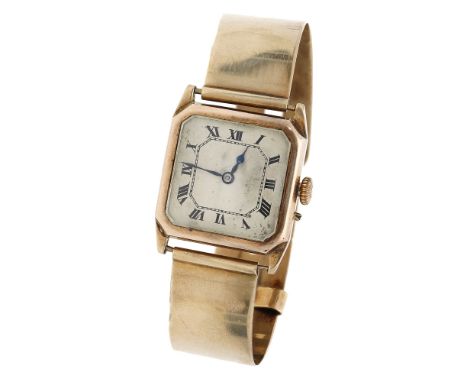 Swiss. A gold octagonal wristwatch, circa 1920. Movement: manual winding. Dial: silvered, Roman numerals. Case: 9ct gold, sna