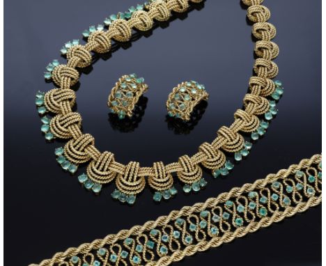 An emerald necklace, bracelet and ear clip suite by Péry &amp; Fils, French, circa 1960, the necklace designed as a series of