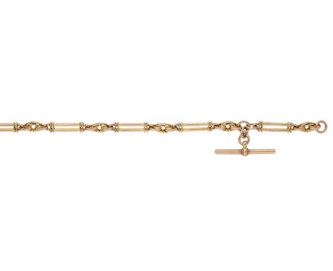 A 9ct gold Albert chain, the fancy-link chain with T-bar fitting and swivel clasp, stamped ‘9.375’ throughout, maker’s mark f