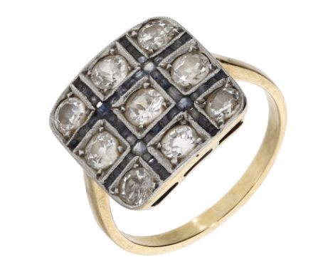An early 20th century sapphire and diamond panel ring, the cushion-shaped panel of lattice design, set throughout with old br
