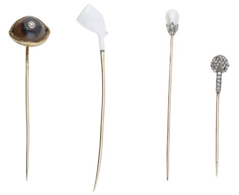 Four antique stick pins, comprising a hardstone and diamond example modelled as an eye by Wiése, French, signed, together wit