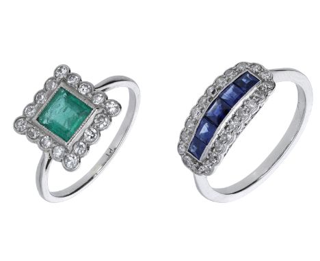 A sapphire ring and an Art Deco emerald ring, the first set with a graduated row of square-cut sapphires within a surround of