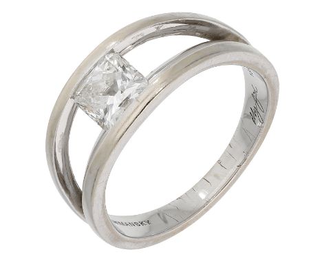 A diamond ‘My Girl’ ring by Shimansky, the openwork band set with a cut-cornered square-shaped diamond, weighing 1.00 carat, 