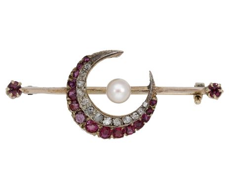 A late 19th century ruby and diamond crescent bar brooch, the crescent set with graduated circular-cut rubies and old brillia