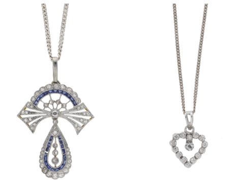 Two diamond pendants, the first with fanned surmount and bow motif suspending a matching drop, set throughout with calibré-cu