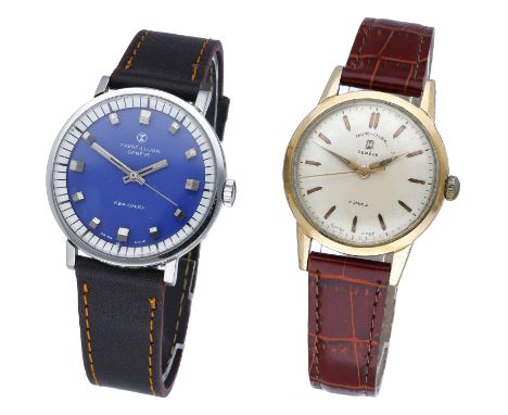 Favre-Leuba. Two wristwatches, circa 1960. Movements: manual winding. Dials: 1st: blue; 2nd: silvered. Cases: 1st: stainless 