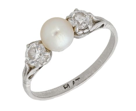 A pearl and diamond three stone ring, the central pearl between two claw set brilliant-cut diamonds, (pearl untested), stampe