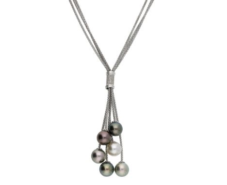 A cultured pearl necklace, the multi-row fancy-link chain leading to a tassel drop set with cultured pearls of various tints,