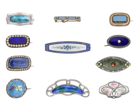 A collection of antique enamel brooches, to include three Arts and Crafts examples by Charles Horner, signed, together with a