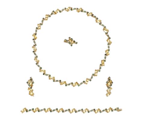 An 18ct gold emerald and diamond necklace, bracelet, ring and earring suite, 1988, the necklace composed of curved polished l