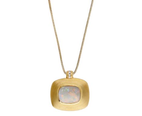An opal and diamond pendant, the cushion-shaped pendant collet-set with an opal cabochon, to an incorporated bale set with br